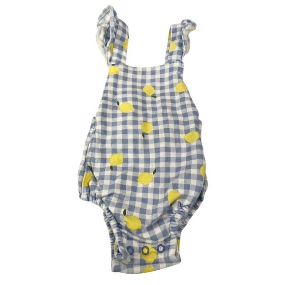 Baby Romper 12M Blue White Gingham Lemon Print Cotton Adjustable Straps Carters - Picture 1 of 8